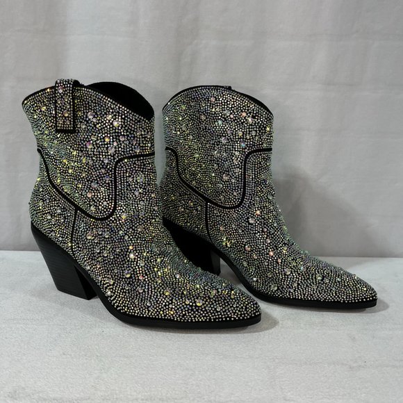NEW! Women's Rhinestone Cowboy Boots, Sparkly Chunky Heel Ankle Boot, Size 6-7 - Picture 4 of 9